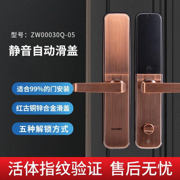 太陽(yáng)雨智能鎖/紅古銅鋅合金滑蓋/5種開(kāi)鎖/防撬報(bào)警/鋼體鎖芯/ZW0003